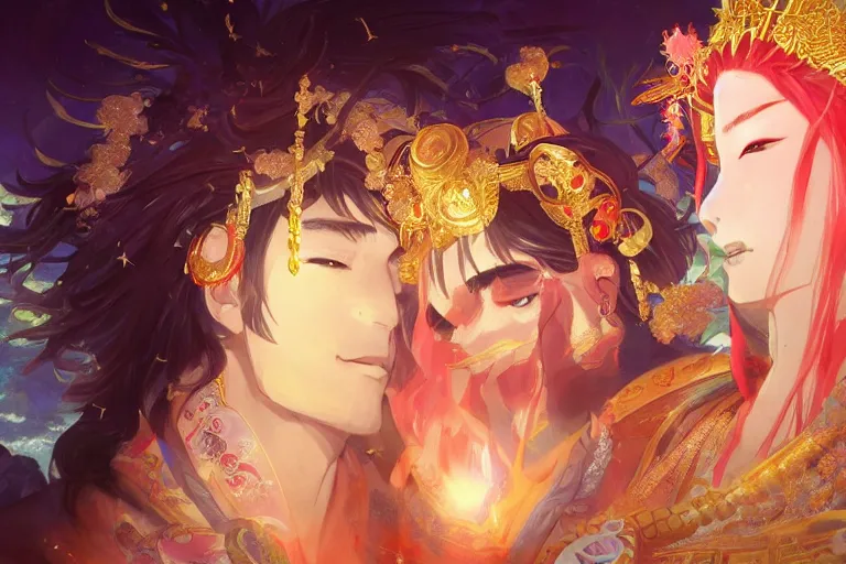 Image similar to close up moment of a divine a japan sun god and a moon goddess lovers magician at a wedding banquet, highly detailed, d & d, fantasy, 4 k realistic, digital painting, trending on artstation, concept art, sharp focus, illustration, art by makoto shinkai and akihiko yoshida and daniel gerhartz