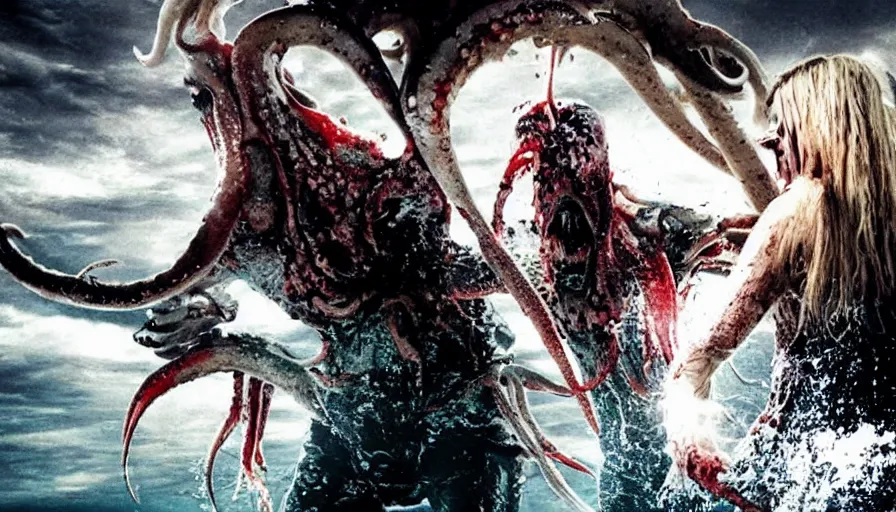 Prompt: Big budget horror movie, an android fights a giant squid, blood is splattering everywhere