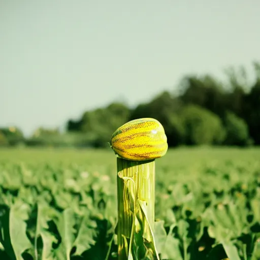 Image similar to completely yellow mellon on a lush green medow. portrait, 3 5 mm