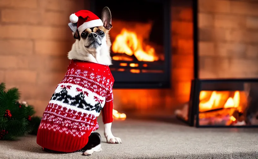 Image similar to ultra detailed studio photography of a dog wearing a woolen christmas sweater with a fireplace background, detailed face, cinematic lighting, 8 k