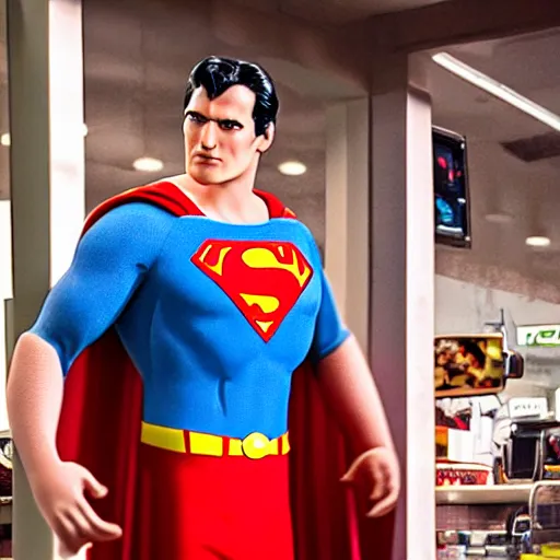 Image similar to superman working in mcdonald's, reality, realistic, detailed, 8 k, award winning, wide shot,