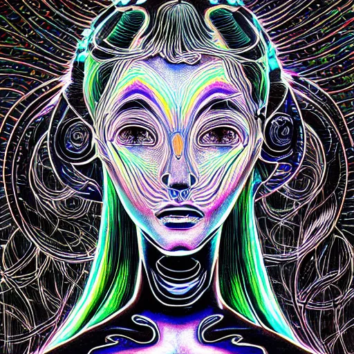 Image similar to holographic headset interface painted in alex grey and chris dyer style drawn by takato yamamoto, inspired by ooioo and sorayama and ikeuchi, intricate 3 d sculpture, black and white, 3 d, high detail, sharp high detail, artstation, octane