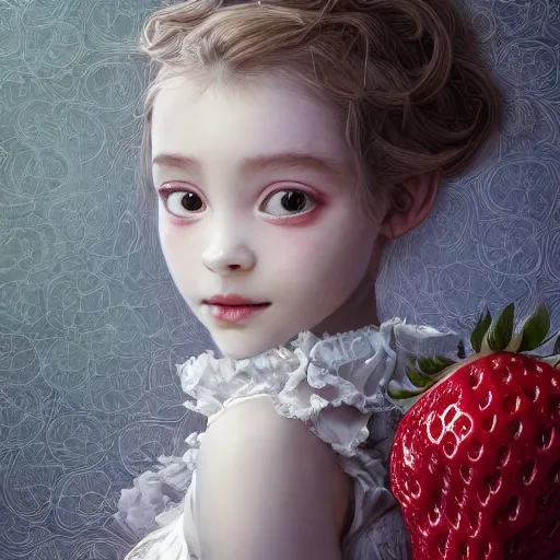 Prompt: the portrait of an absurdly beautiful, graceful, elegant, sophisticated, fashionable cute little girl made of strawberries and white petals looking down, an ultrafine hyperdetailed illustration by kim jung gi, irakli nadar, intricate linework, bright colors, octopath traveler, final fantasy, unreal engine 5 highly rendered, global illumination, radiant light, detailed and intricate environment