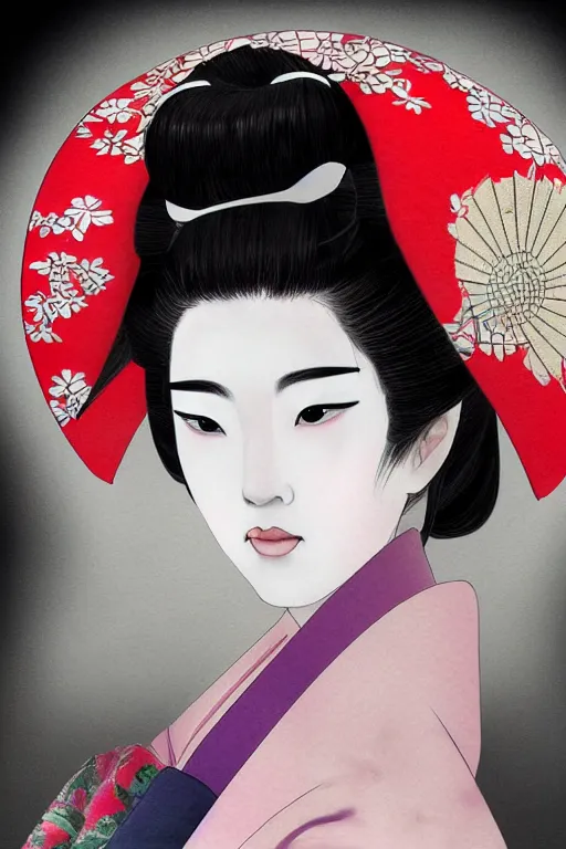 Image similar to beauty geisha, japanese digital art, 8k, character, realistic, portrait, photorealism, japanese watercolour