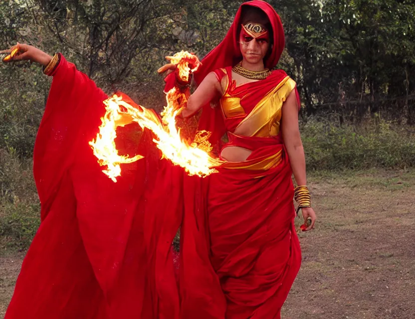 Image similar to half - human half - phoenix pyromancer in a red saree