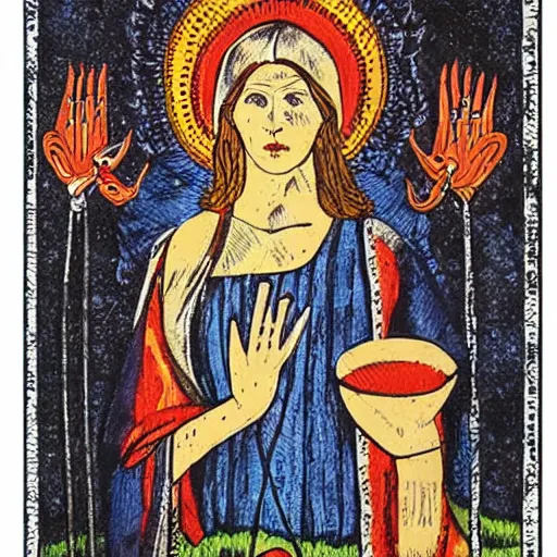 Prompt: mette frederiksen as a holy saviour, tarot, tapestry