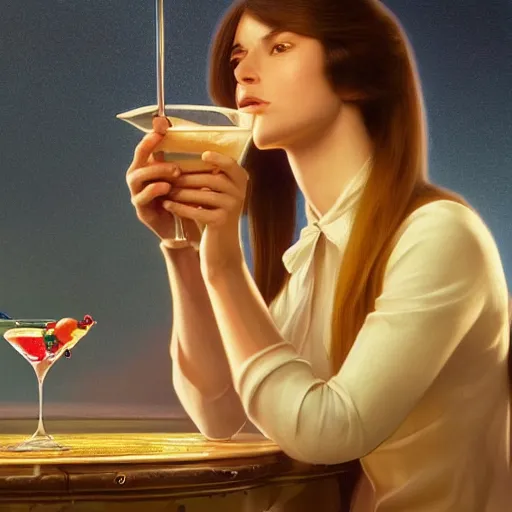 Image similar to portrait painting of carl sagan drinking a martini, ultra realistic, concept art, intricate details, serious, highly detailed, photorealistic, octane render, 8 k, unreal engine. art by artgerm and greg rutkowski and alphonse mucha