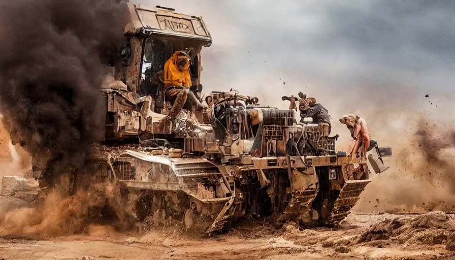 Image similar to big budget movie about the killdozer splattered in blood