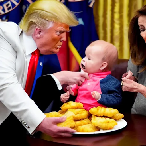 Image similar to Nancy pelosi feeding man baby Donald trump chicken nuggets who is sitting in a high chair, mannerism