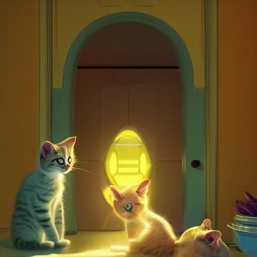 Prompt: some kittens playing around in a room with yellow background color. fridge. animal cat. digital art. artstation. realistic. vibrant. illustration. in the style of pixar movie. octane render. art by artgerm and greg rutkowski and alphonse mucha. volumetric lighting.