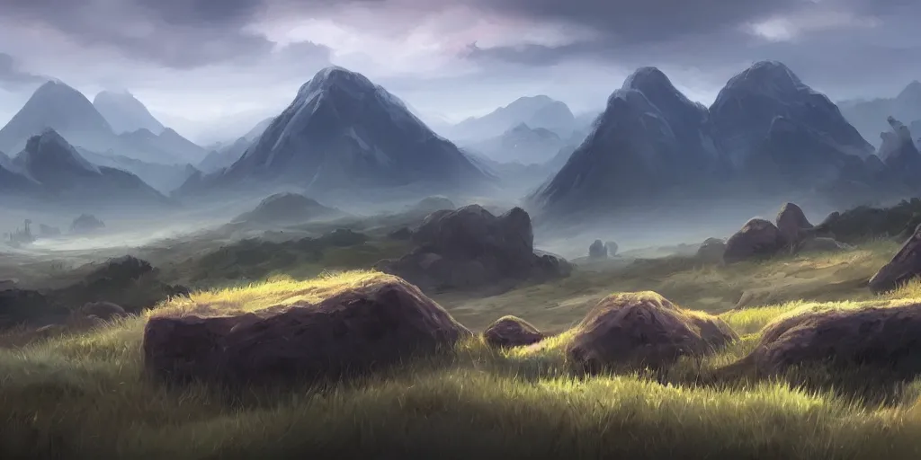 Prompt: calm landscape with hands crawling out of the ground, plains in the center, mountains in the background, highly detailed, digital painting, artstation, concept art, smooth, sharp focus, illustration