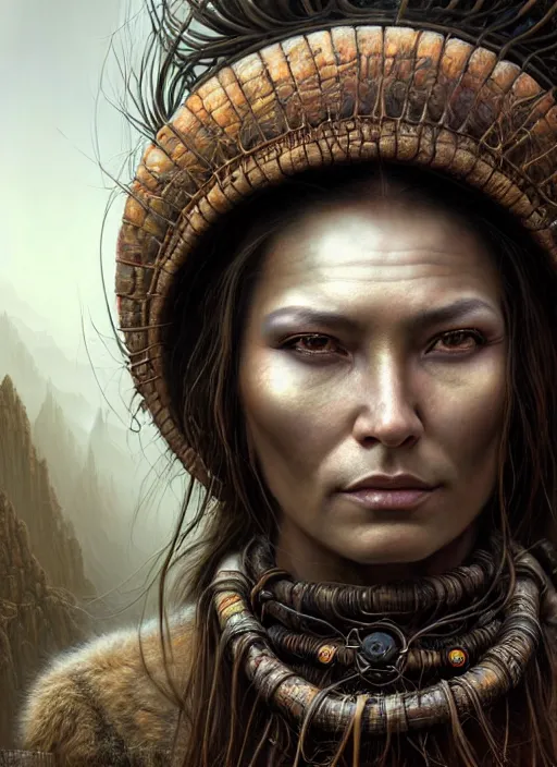 Image similar to closeup portrait shot of a female shaman in a scenic dystopian environment, intricate, elegant, highly detailed, centered, digital painting, artstation, concept art, smooth, sharp focus, illustration, artgerm, tomasz alen kopera, peter mohrbacher, donato giancola, joseph christian leyendecker, wlop, boris vallejo