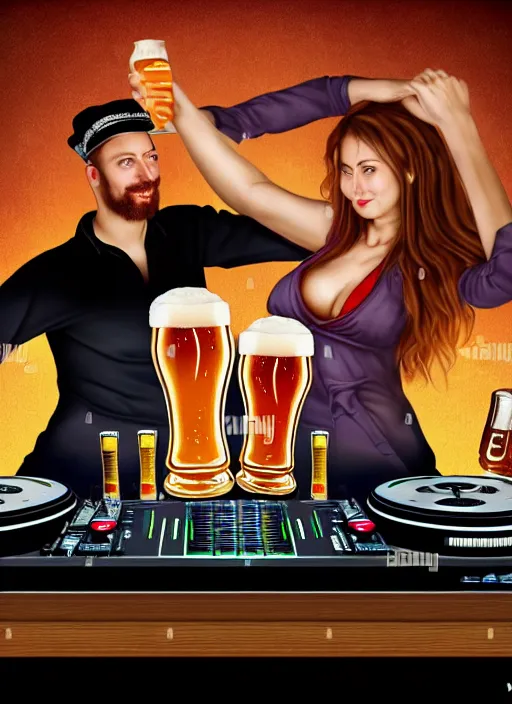 Image similar to image of large pint of beer and large technics dj table front of picture, in the backround man and a woman very drunk and dancing from octoberfest, dark backround, highly detailed, digital illustration, trending in artstation, modern painting, smooth, sharp focus, intricate, einar jonsson and bouguereau