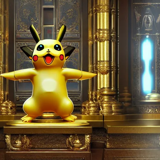 Image similar to a golden statue of Pikachu in a sacred temple, artstation, hyperrealistic, extremely detailed, 8k