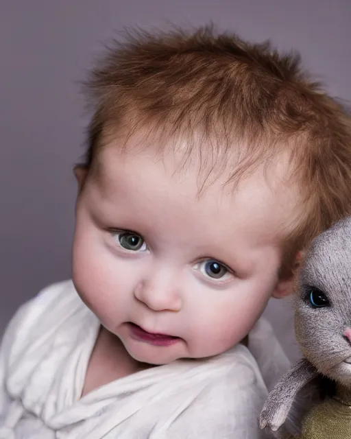 Image similar to annie leibovitz headshots of an adorable infant humanoid rabbit hybrid creature, 5 0 mm soft focus