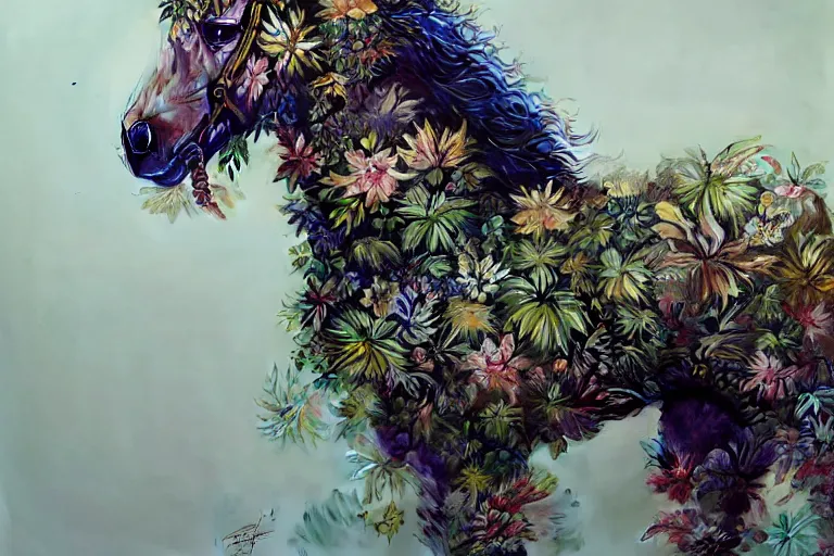 Prompt: a stunning horse made of plants by sandra chevrier and greg rutkowski, high key lighting, volumetric light, digital art, highly detailed, fine detail, intricate, ornate, complex, octane render, unreal engine, photorealistic