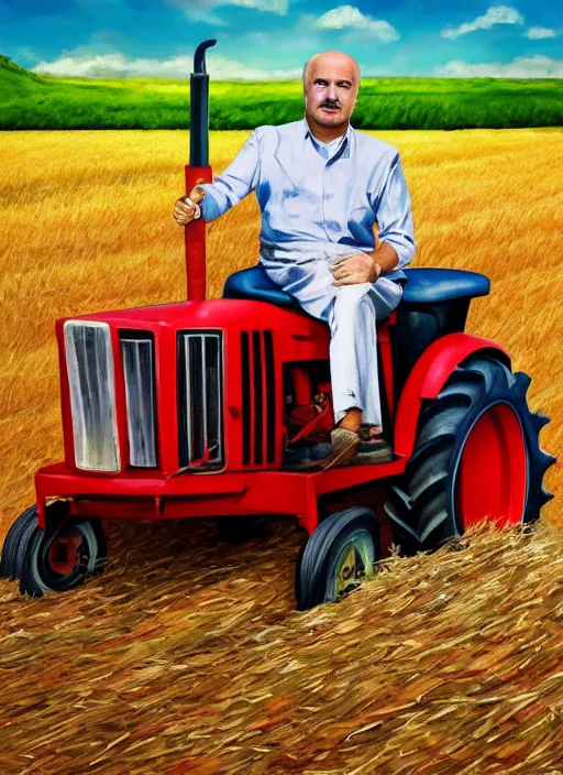 Image similar to digital portrait of a person looking like alexander lukashenko ruling tractor in fields, hot sun, photo realism