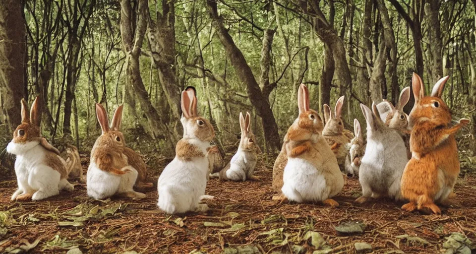 Image similar to A group of rabbits performing a shamanic ritual in a forest