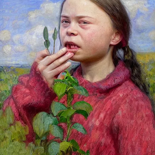 Image similar to Devastated Greta Thunberg holding a plant and crying, impressionism, barren earth, vivid attention to detail, by Greg Rutkowksi and Ilya Repin