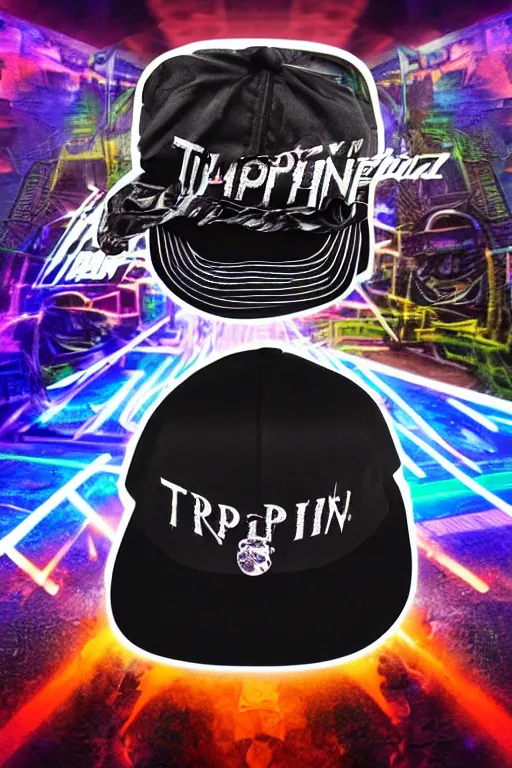 Image similar to fashion photo of one baseball cap, band merchandise, bandname is tripmachine, tourname is invasion of the tripmachines, realistic digital art, printed with a 3 d render of a huge futuristic steampunk generator, 8 k, fluorescent colors, halluzinogenic, multicolored, exaggerated detailed, unreal engine