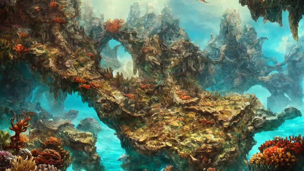 Prompt: Trending on artstation, beautiful underwater ruins, coral reef, detailed matte painting, oil on canvas