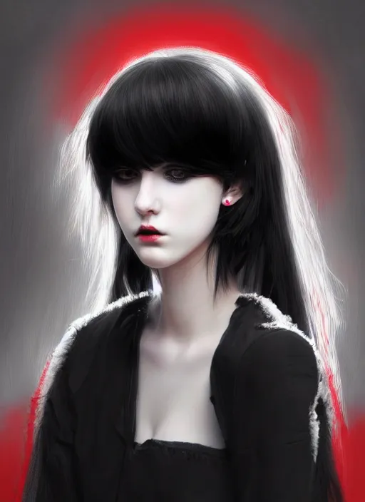 Image similar to portrait of white teenage girl, normal face, black bangs, mall goth, cyberlox, black and white hair, bangs, fluffy bangs, red contacts, intricate, elegant, highly detailed, digital painting, artstation, concept art, sharp focus, smooth, illustration, art by wlop, mars ravelo and greg rutkowski