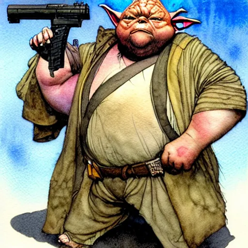 Prompt: a realistic and atmospheric watercolour fantasy character concept art portrait of a fat sleazy homeless chibi yoda wearing a wife beater and holding a glock, by rebecca guay, michael kaluta, charles vess and jean moebius giraud