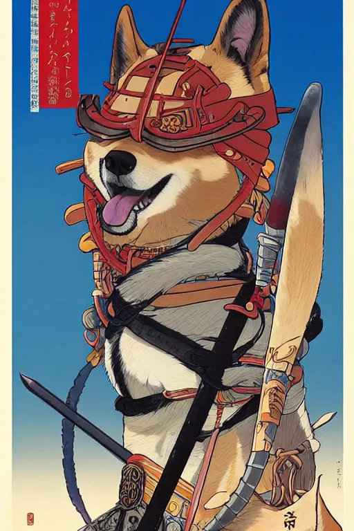 Prompt: poster of a shiba inu as a samurai, studio ghibli aesthetic, by yoichi hatakenaka, masamune shirow, josan gonzales and dan mumford, ayami kojima, takato yamamoto, barclay shaw, karol bak, yukito kishiro