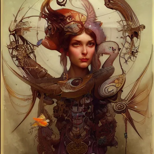 Image similar to '' fantasy fish, concept art, schematics, gnarly details painted by tom bagshaw, norman rockwell, mucha, gurney''