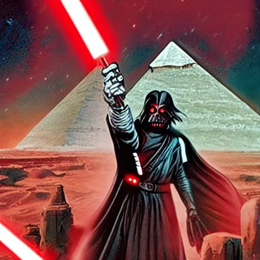 Prompt: morbius. morbius. morbius holding a lightsaber. and darth vader, pyramids in background.