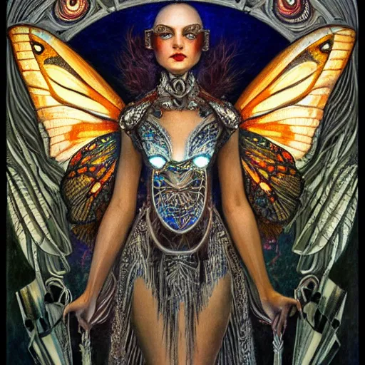 Prompt: beautiful closeup portrait of an art deco fairy queen, glowing eyes. reflective detailed textures, moth wings, highly detailed dark fantasy science fiction painting by donato giancola and diego rivera, elaborate geometric ornament, ancient runes, silver and cool colors. artstation