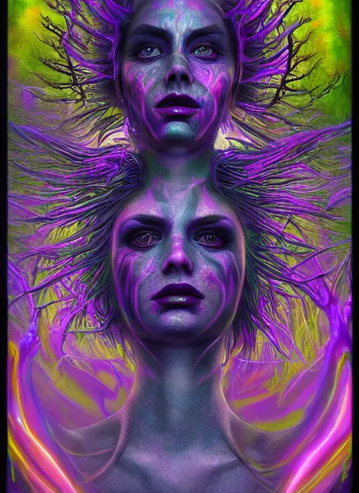 Prompt: tripping magic cult psychic woman, painted face, third eye, energetic consciousness psychedelic, epic surrealism expressionism symbolism, ultra high definition, unreal engine 5, volumetric lighting cinematic ray trace photorealism, symmetrical face, dark myth mythos, by alex grey, masterpiece