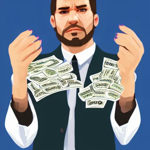 Image similar to a man holding a bunch of money to his face, gta loading screen, digital art,