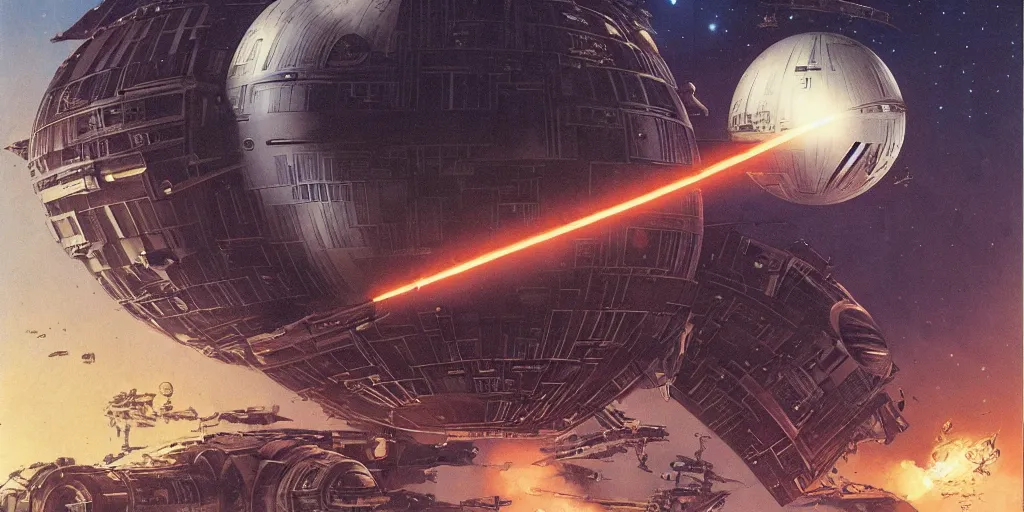 Prompt: a steampunk death star by doug chiang and ralph mcquarrie, a spaceship approaches the wreckage of a derelict in deep space,