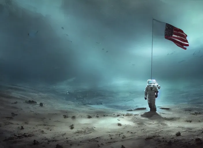 Image similar to astronaut holding a flag in an underwater desert. a submarine is visible in the distance. dark, concept art, cinematic, dramatic, atmospheric, 8 k, trending on artstation, blue, fish, low visibility, fog, ocean floor, christopher nolan, interstellar