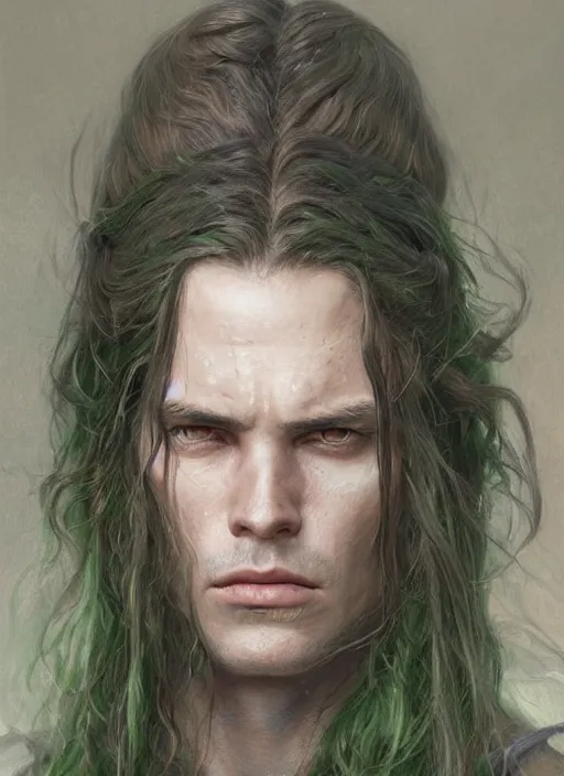 Prompt: a warrior in his twenties with long light brown hair tied back, light green eyes, a large forehead, a widows peak and a round face with high cheekbones and full lips as a realistic d & d fantasy character, portrait art by donato giancola and greg rutkowski, vintage retro, realistic face, digital art, trending on artstation