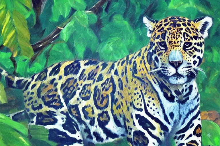 Image similar to beautiful impressionist painting of a jaguar in the rainforest