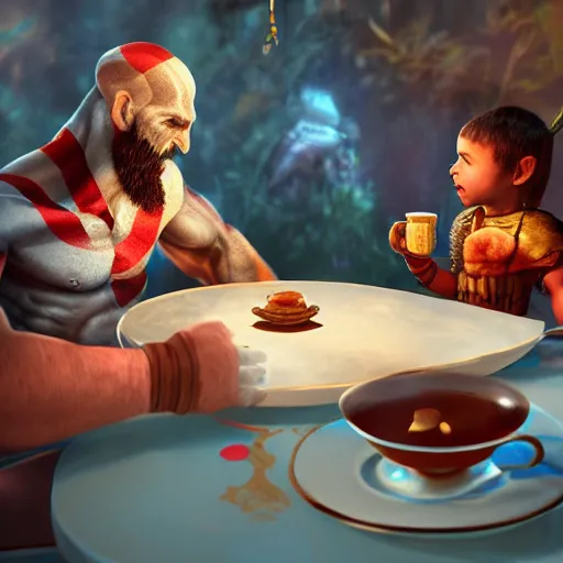 Prompt: god of war having a tea party with little kids, digital painting, 3 d, octane render