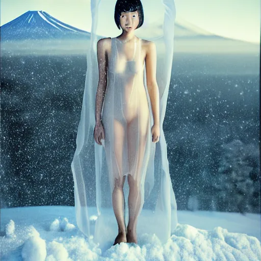 Image similar to a instax photo of fuji mountain, a tall japanese girl in a transparent sheer fabric dress against the background of fuji mountain, perfect faces, fine details, severe snow, full body shot, perfect symmetrical body, coherent symmetrical eyes, by peter kemp, by monia merlo, hyperrealistic, hyperdetailed, octane render, 8 k