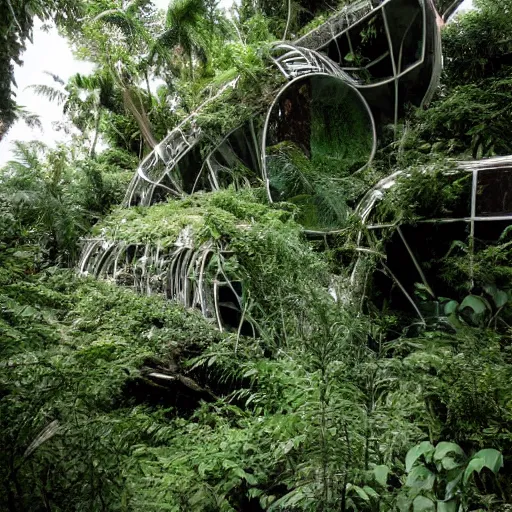 Image similar to old photo overgrown spaceship zaha hadid ruins in jungle