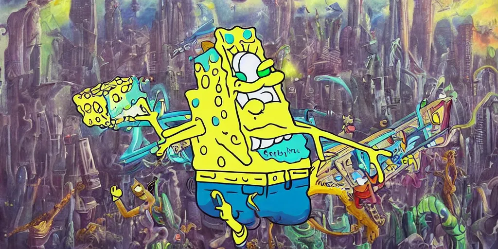 Prompt: a high detailed painting of a monster hybrid fusion of spongebob and patrick, having a fit of rage and destroying a futuristic city, surrealism, magical realism bizarre art