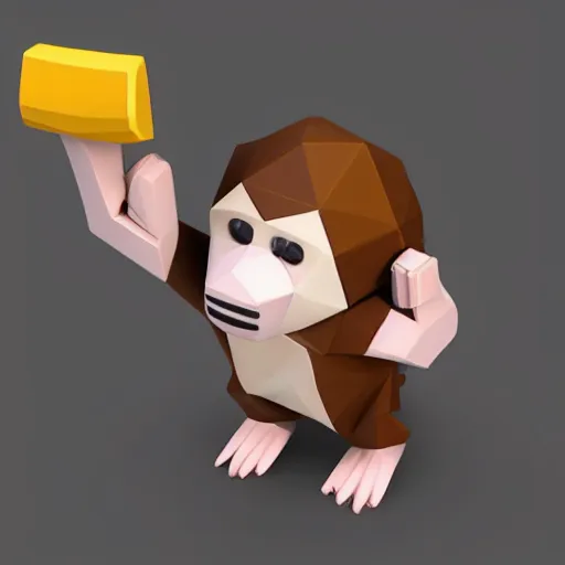 Prompt: isometric cute low - poly monkey using a sony walkman, isometric, cute