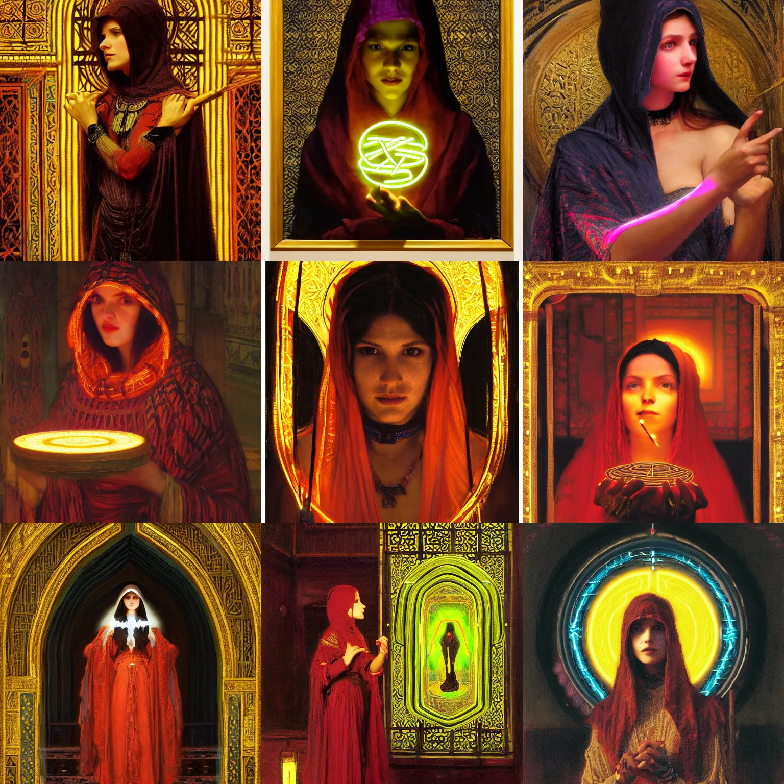 Prompt: glowing neon glyph being conjured by a witch wearing a hood orientalist painting of intricate portrait by john william waterhouse and Edwin Longsden Long and Theodore Ralli and Nasreddine Dinet, oil on canvas. Cinematic, hyper realism, dramatic lighting, high detail 8k