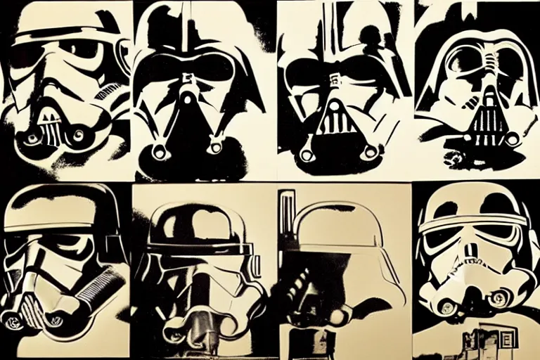 Prompt: still frames from andy warhol's star wars