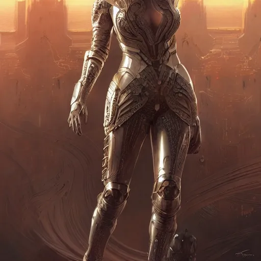 Prompt: scarlett johansson in ornate futuristic sci - fi armor, expressive pose, intricate, elegant, highly detailed, digital painting, artstation, concept art, smooth, sharp focus, illustration, art by artgerm and greg rutkowski and alphonse mucha