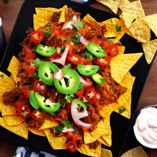 Prompt: spicy nachos with cheeseburger