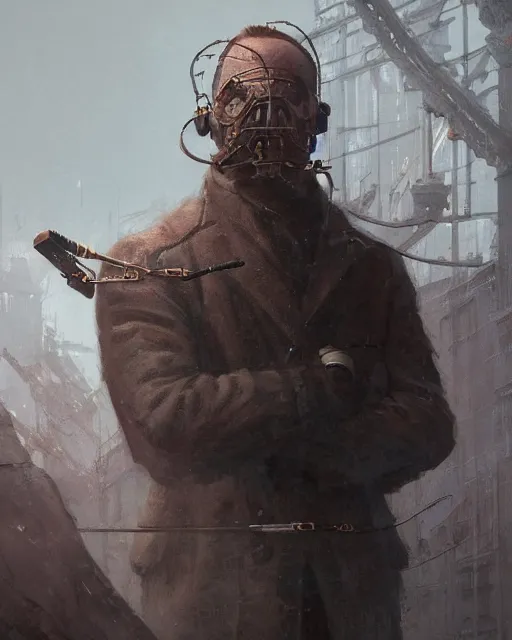 Image similar to a highly detailed epic cinematic concept art CG render digital painting artwork: Soviet dieselpunk Hannibal Lecter. By Greg Rutkowski, Ilya Kuvshinov, WLOP, Stanley Artgerm Lau, Ruan Jia and Fenghua Zhong, trending on ArtStation, subtle muted cinematic colors, in the style of Francis Bacon and Syd Mead and Norman Rockwell and Beksinski, open ceiling, highly detailed, painted by Francis Bacon and Edward Hopper, painted by James Gilleard, surrealism, airbrush, very coherent, triadic color scheme, art by Takato Yamamoto and James Jean