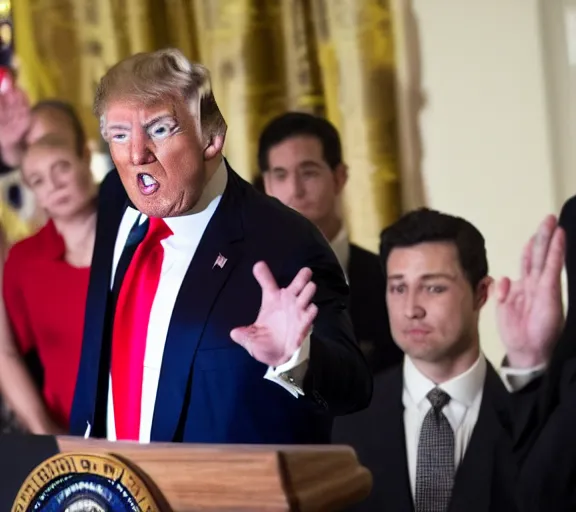 Prompt: Donald Trump showing off his tiny hands at a white house press conference, AP news photo, XF IQ4, 150MP, 50mm, F1.4, ISO 200, 1/160s, natural light