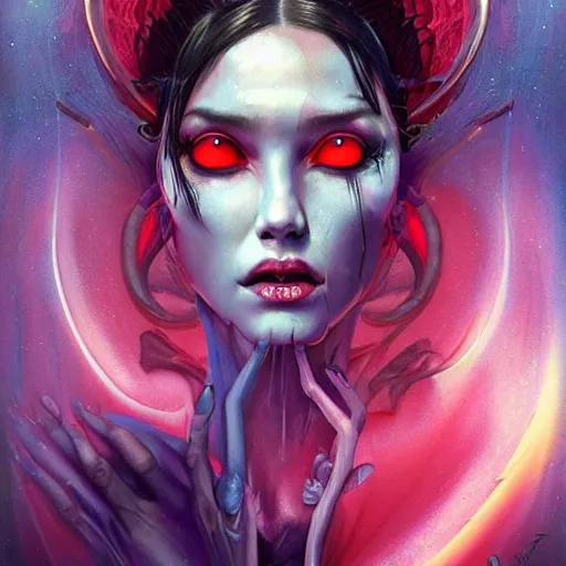 Image similar to a dream portrait of a gorgeous succubus stealing a soul, beautiful, terrifying, melting, webbing, 8 k, by tristan eaton, stanley artgerm, tom bagshaw, greg rutkowski, carne griffiths, ayami kojima, beksinski, giger, trending on deviantart, face enhance, hyper detailed, minimalist, horror, alien