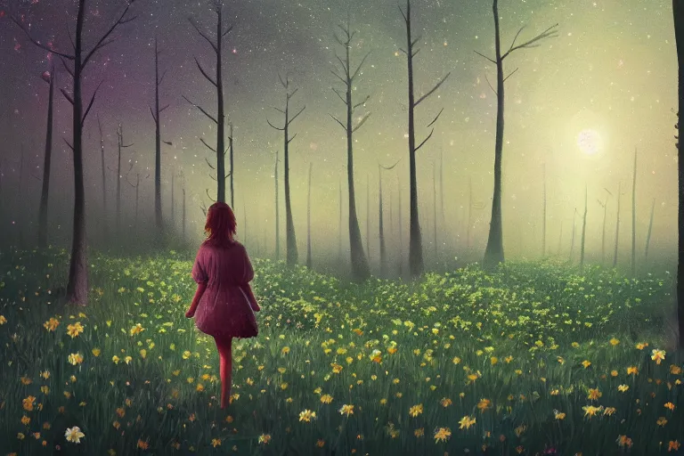 Image similar to giant bunch of daisy flowers head, girl walking in dark forest, surreal photography, dark night, stars, moon light, impressionist painting, clouds, digital painting, artstation, simon stalenhag